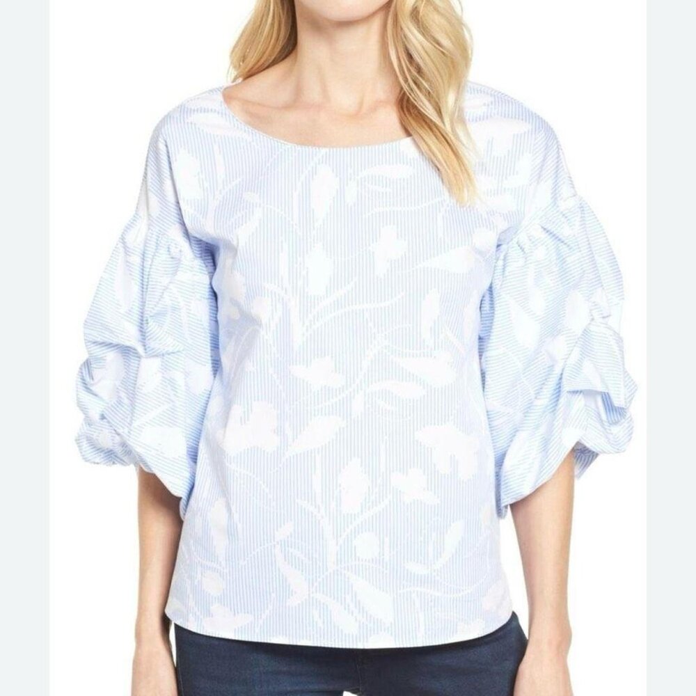 Halogen Blue White Stripe Floral Puff Sleeve Blouse Modern Romantic Size M